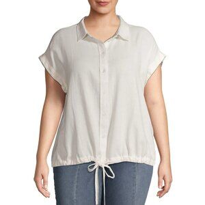 Terra & Sky Size 1X (16W-18W) Ivory Drawstring Button Front Linen Blouse